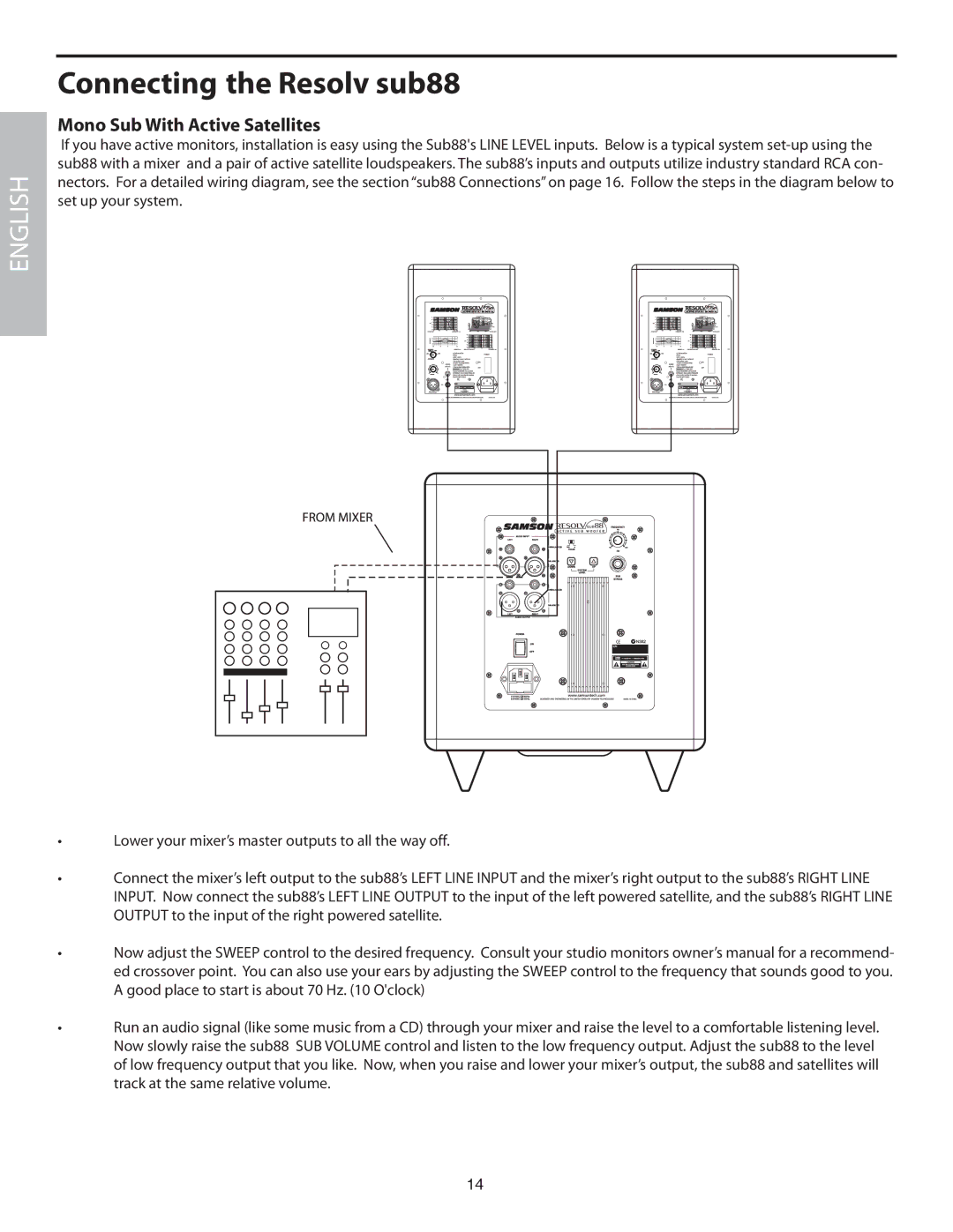 Samson SUB88 manual Connecting the Resolv sub88, Mono Sub With Active Satellites 